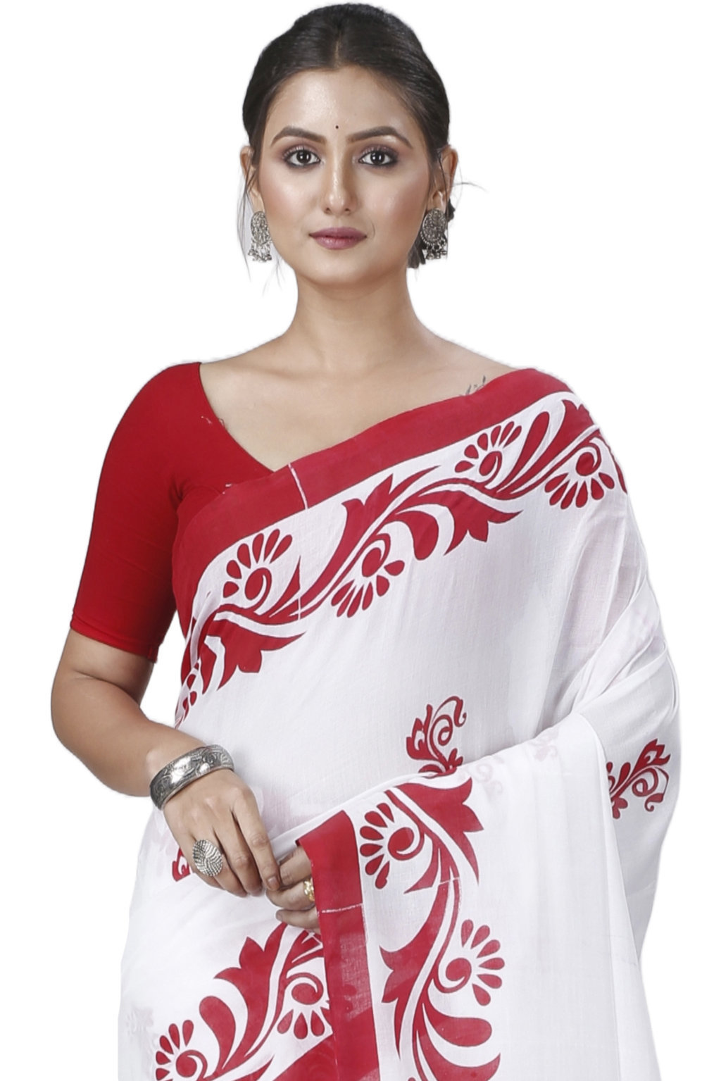 White Pure Cotton Teba Printed Handloom Saree (1261)